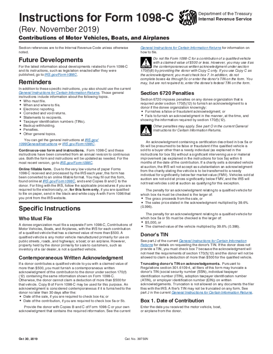  About Form 1098 C, Contributions of Motor Vehicles IRS 2019-2024