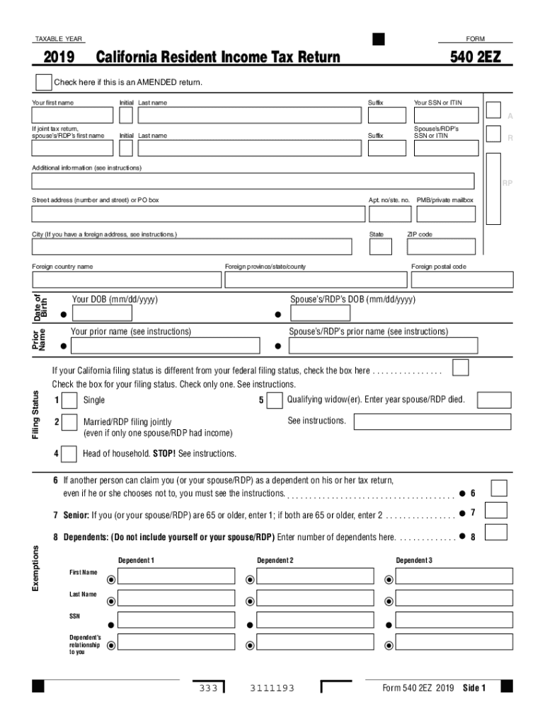 Get and Sign Form 540 2EZ California Income Tax Return Form 540 2EZ California Income Tax Return 2019