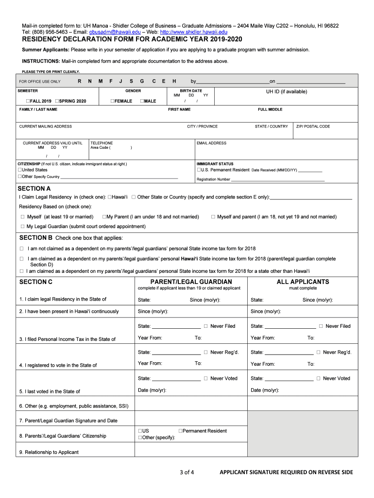  Residency Declaration Form Shidler College of Business 2019-2024