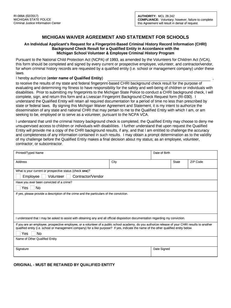 Michigan Waiver Agreement and Statement for Schools  Form