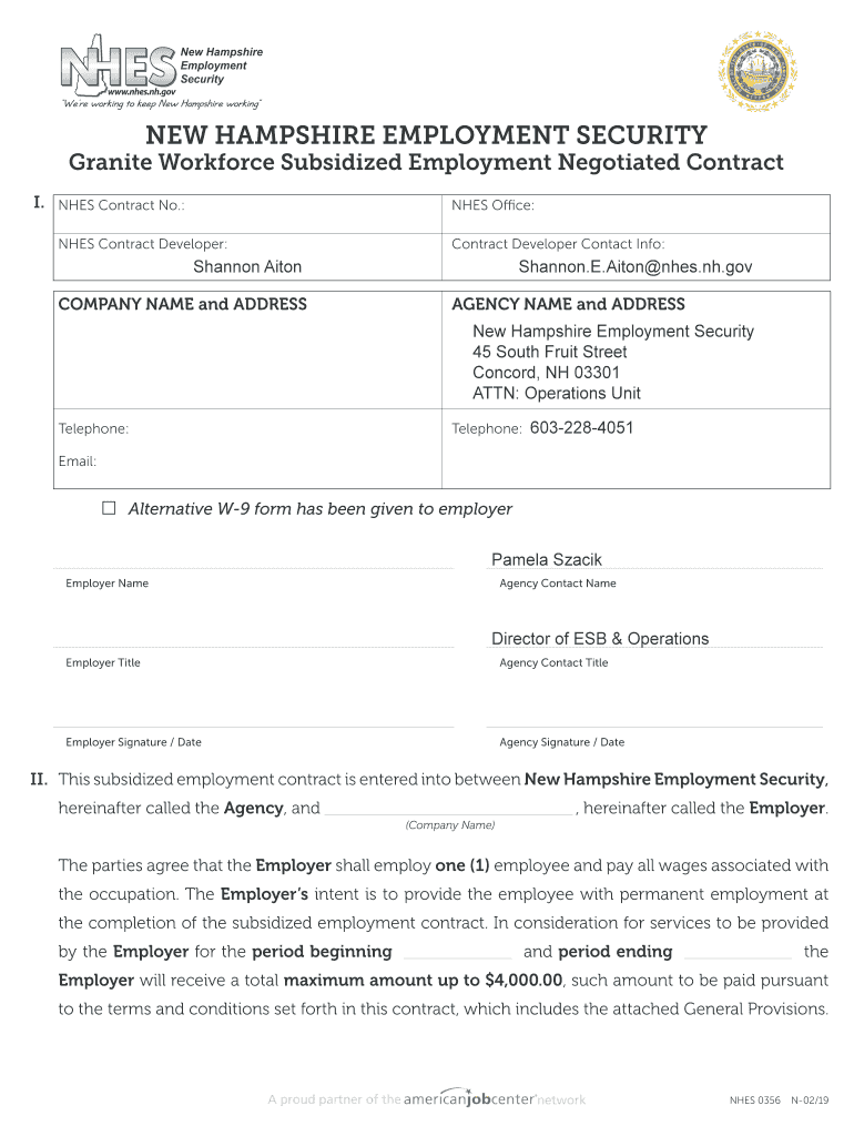 Granite Workforce Subsidized Employment Negotiated Contract  Form