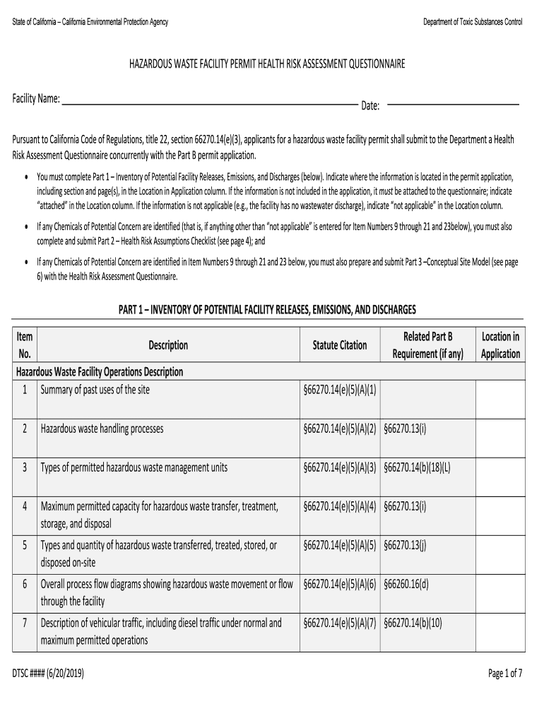 HAZARDOUS WASTE FACILITY PERMIT HEALTH RISK ASSESSMENT QUESTIONNAIRE  Form