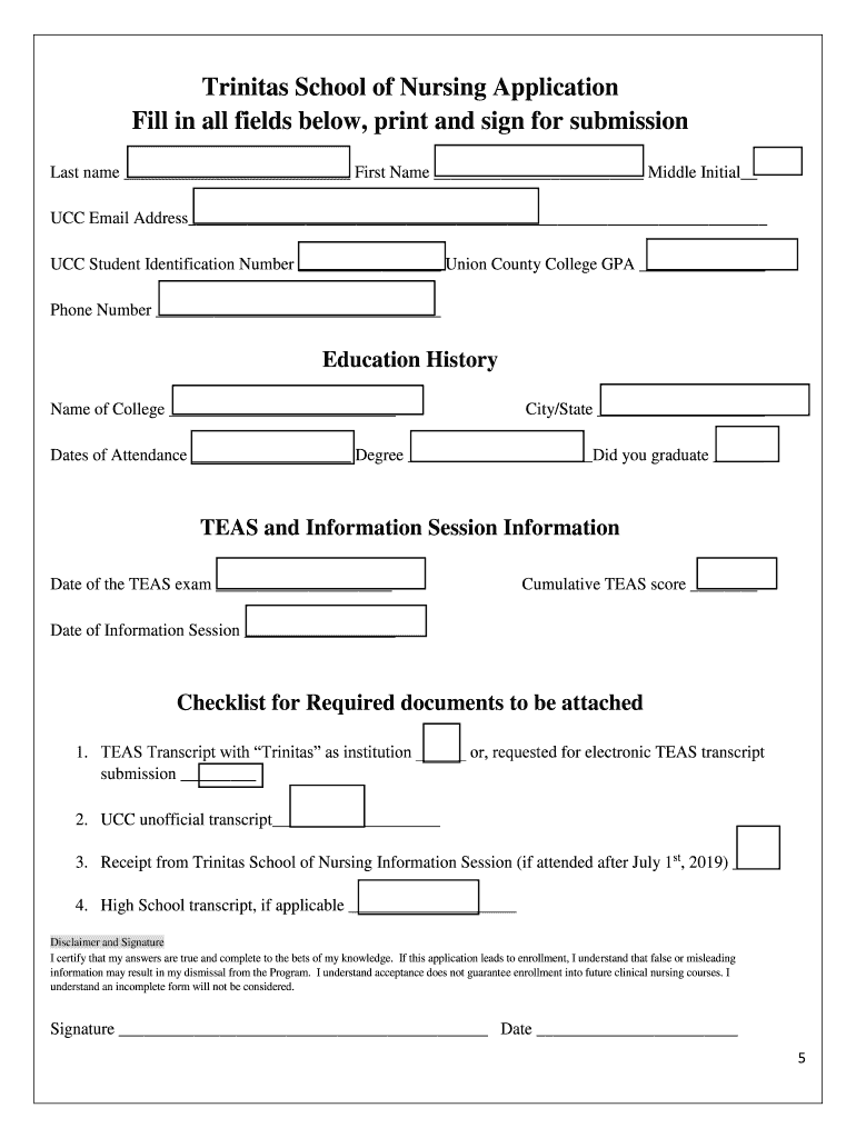 Trinitas School of Nursing Application Packet  Form