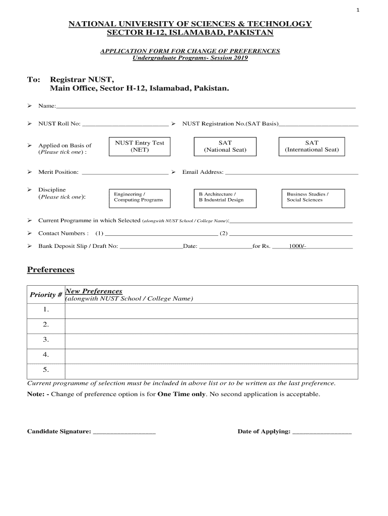 Nust Change of Preference Form