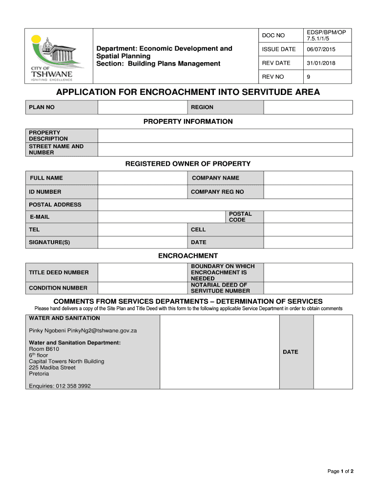 Application for Encroachment into Servitude Area 9  Form