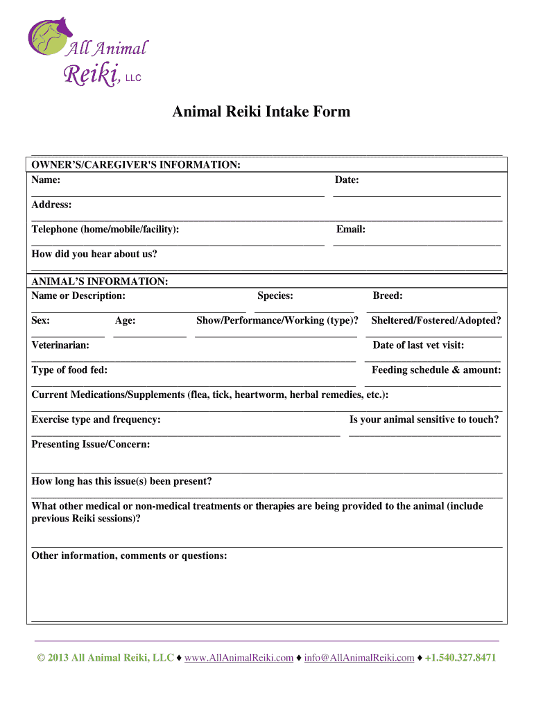 Animal Reiki Intake Form Animal Reiki Intake Form