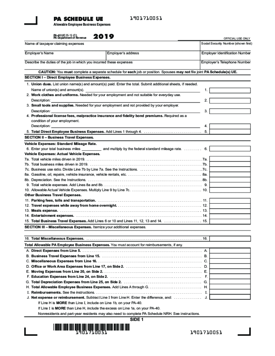  PA Schedule UE Allowable Employee Business Expenses PA 40 UE FormsPublications 2019