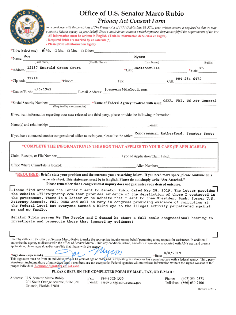 Marco Rubio Privacy Act Consent Form