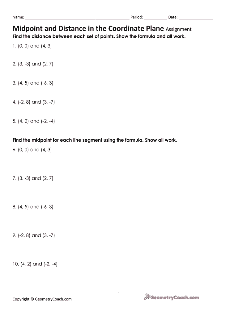 Midpoint and Distance Formula Worksheet PDF