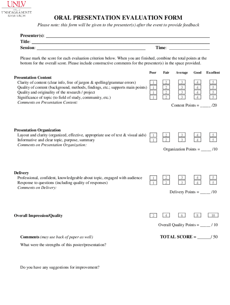 ORAL PRESENTATION EVALUATION FORM Please Note Thi