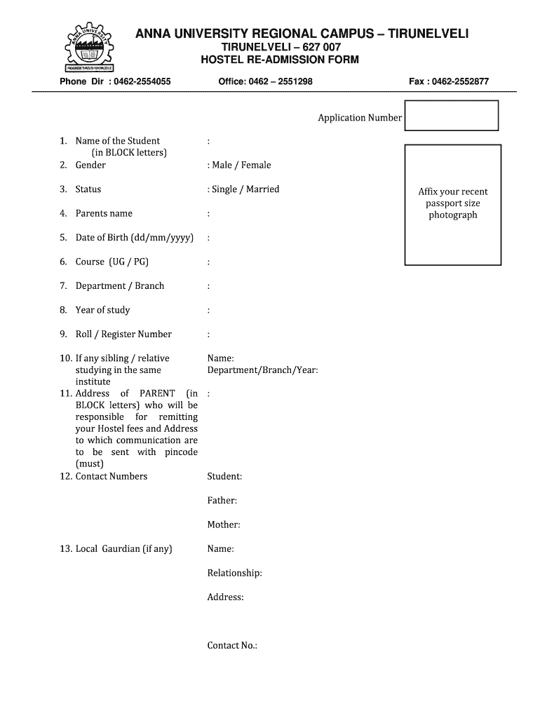 Anna University Regional Campus Tirunelveli Hostel  Form