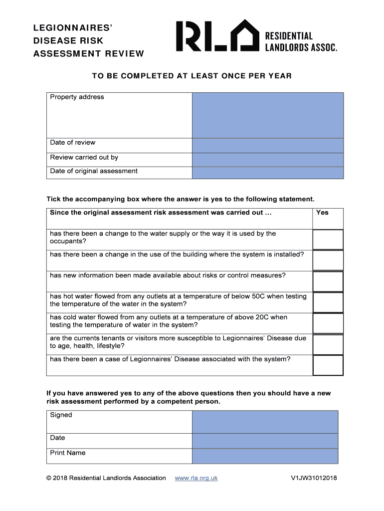 Legionella Risk Assessment Form for Landlords PDF