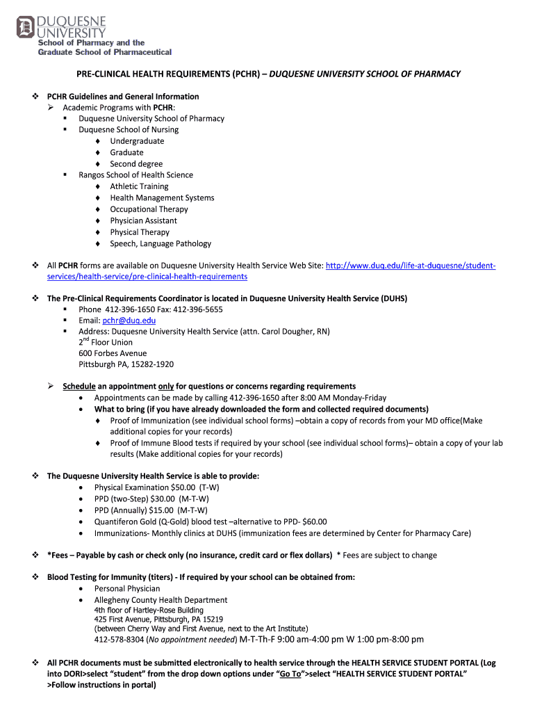 PRE CLINICAL HEALTH REQUIREMENTS PCHR DUQUESNE UNIVERSITY SCHOOL of PHARMACY  Form