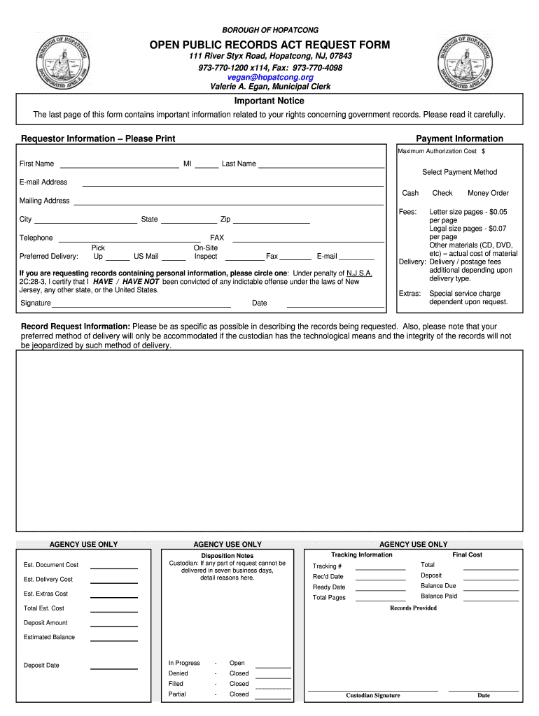 OPRA Request Form Hopatcong Borough