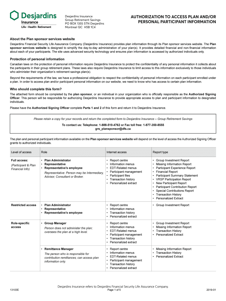 Authorization to Access Plan Andor Personal Participant Information Form Allowing the Plan Sponsor to Authorize or Revoke Access