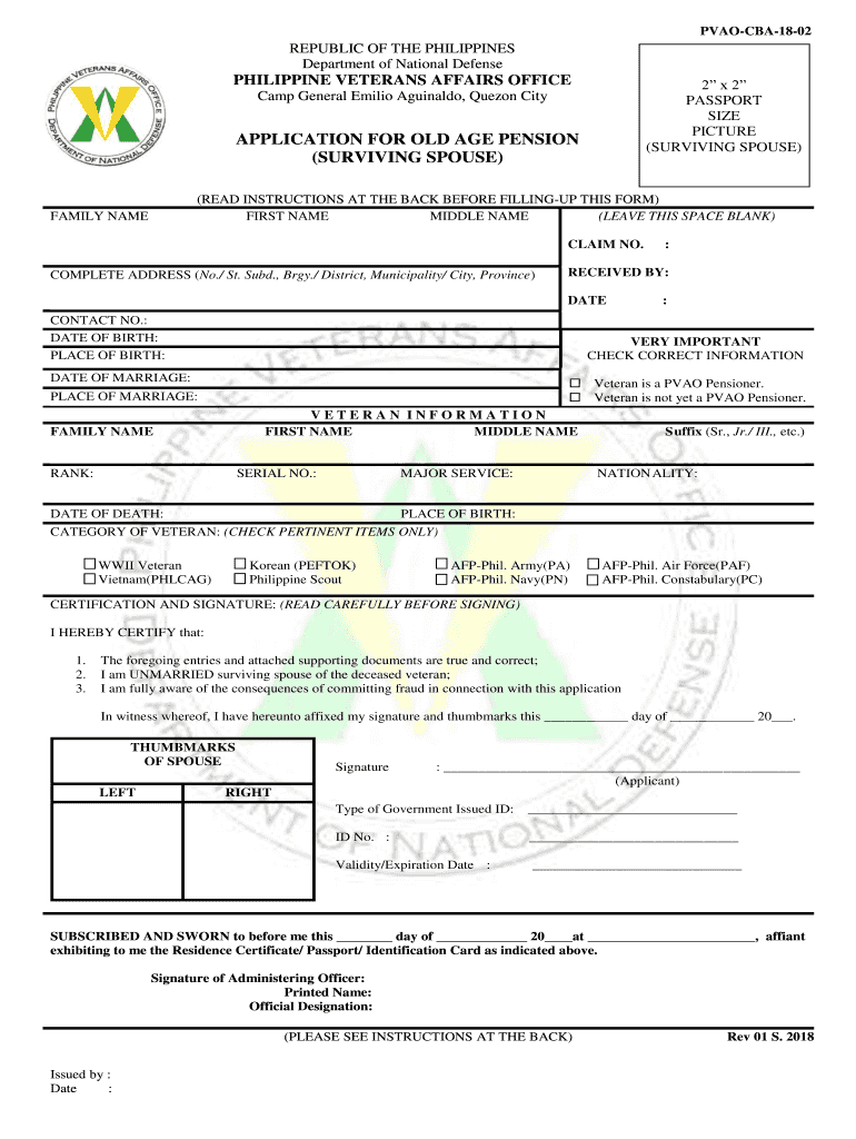 Application for Old Age Pension Surviving Spouse PVAO  Form