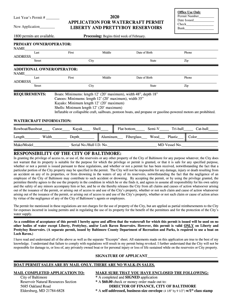 Prettyboy Reservoir Boat Permit  Form