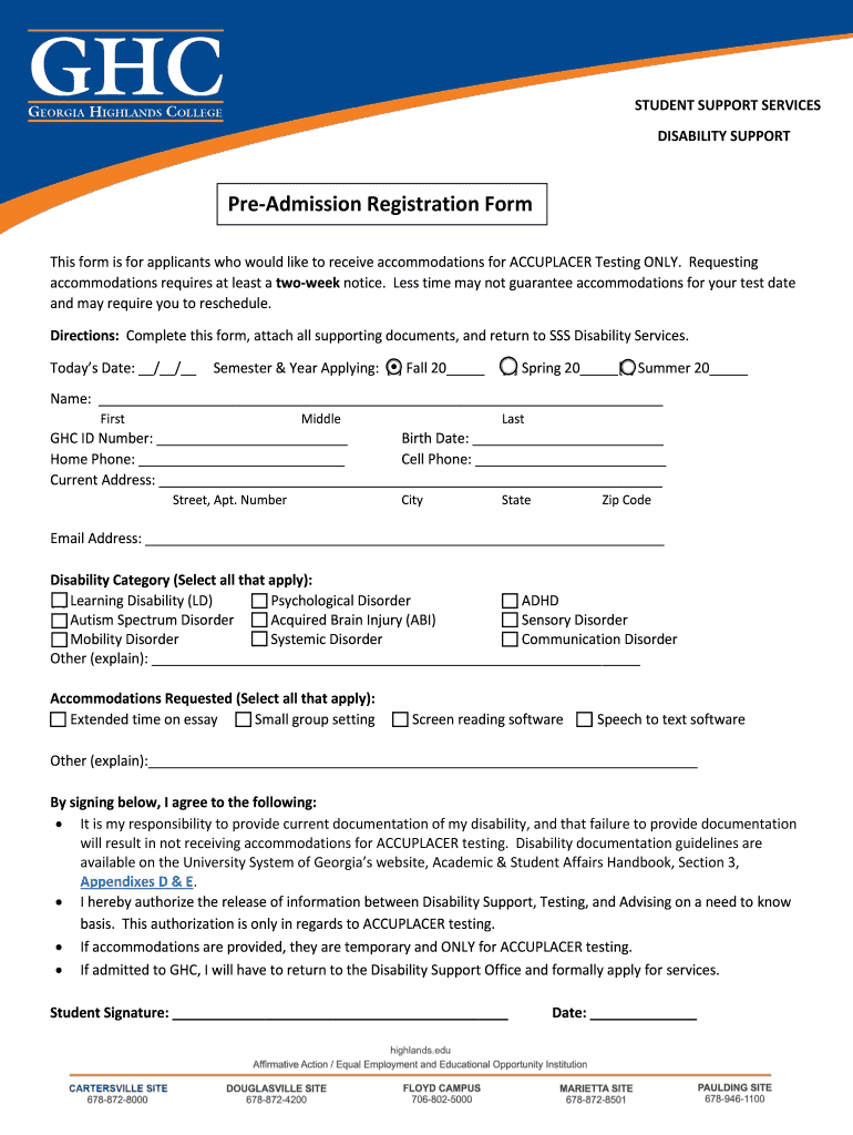 Pre Admission Registration Form Georgia Highlands College