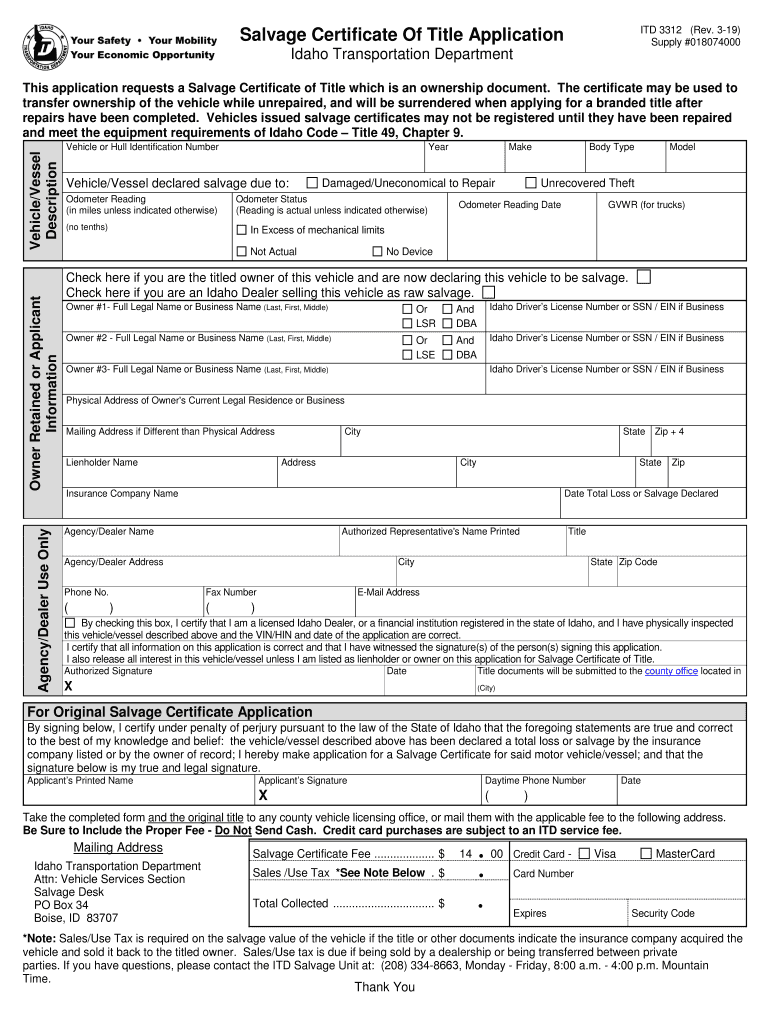  Salvage Vehicle Statement ITD 3311 Idaho Transportation 2019-2024