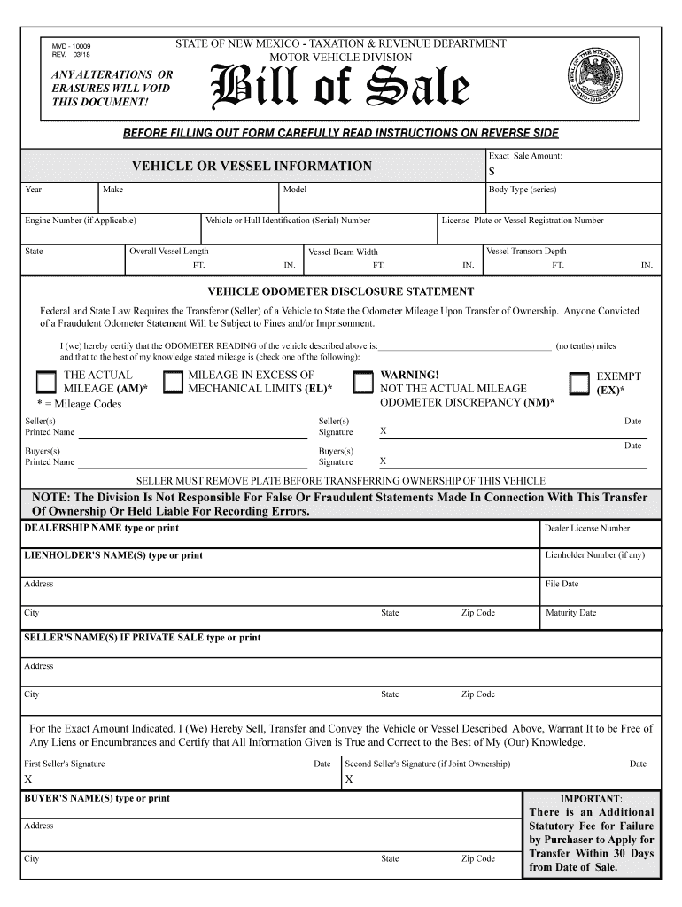  New Mexico Mvd Bill Sale 2018-2024