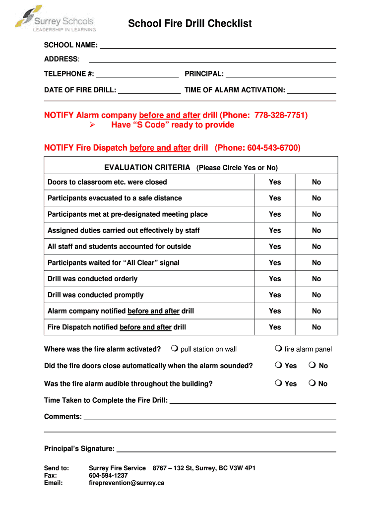 School Fire Drill Checklist Surrey Schools  Form