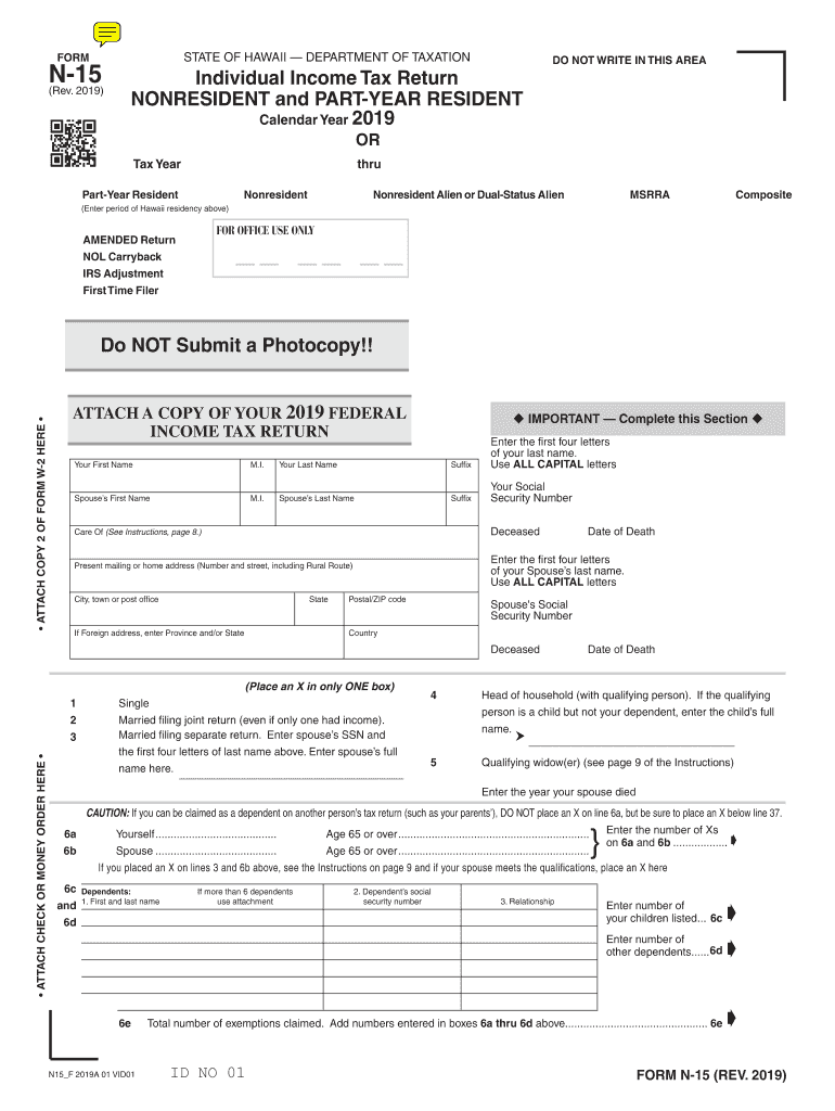  N 15 Rev NonResident and Part Year Resident Income Tax Return Forms Fillable 2019