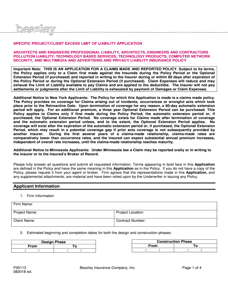 Beazley Specific ProjectClient Excess Limit of Liability Application Specific Projectclient Excess Limit of Liability Insurance   Form