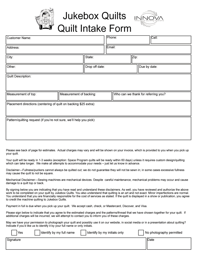 Longarm Quilting Intake Form