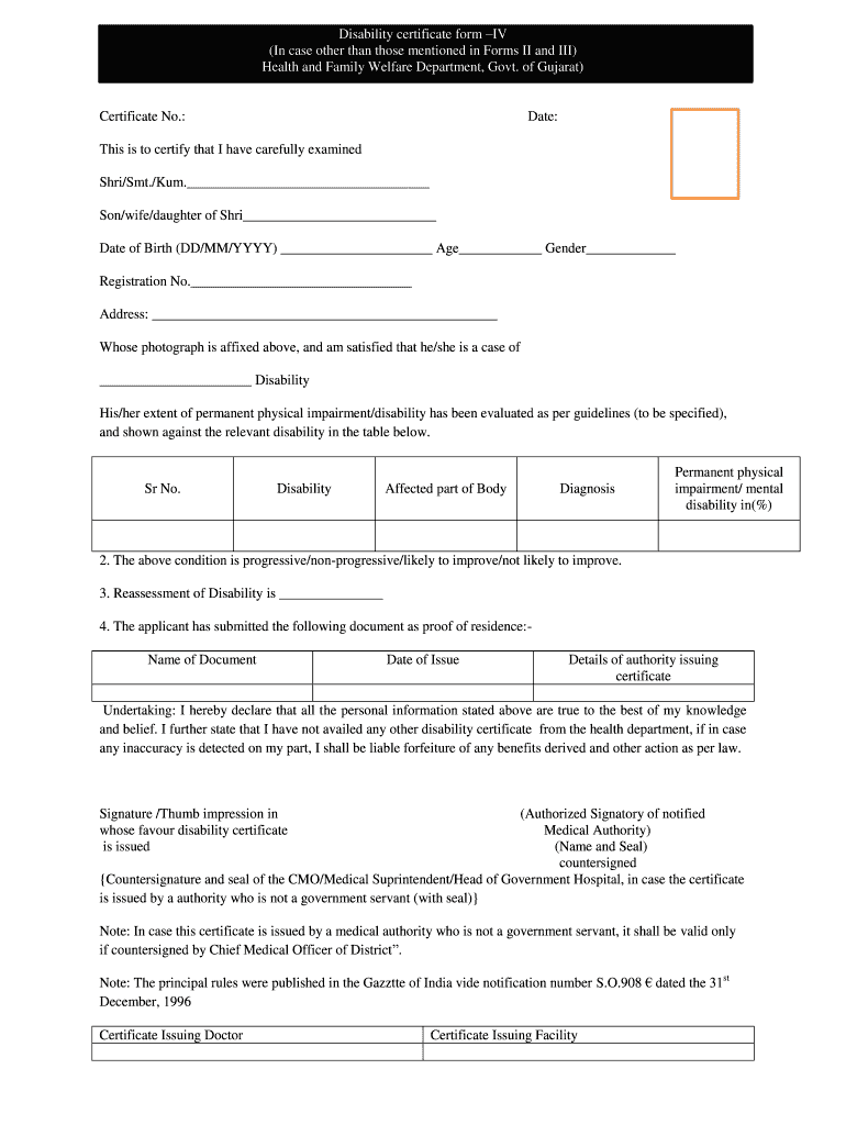 Disability Certificate Form IV in Case Other Than Those