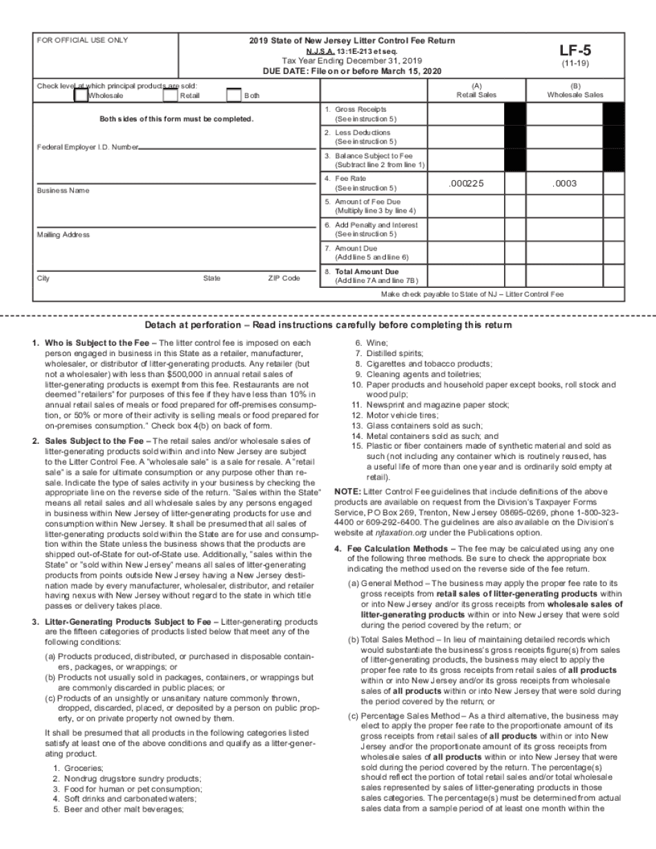  Form LF 5 'State of New Jersey Litter Control Fee Return 2019