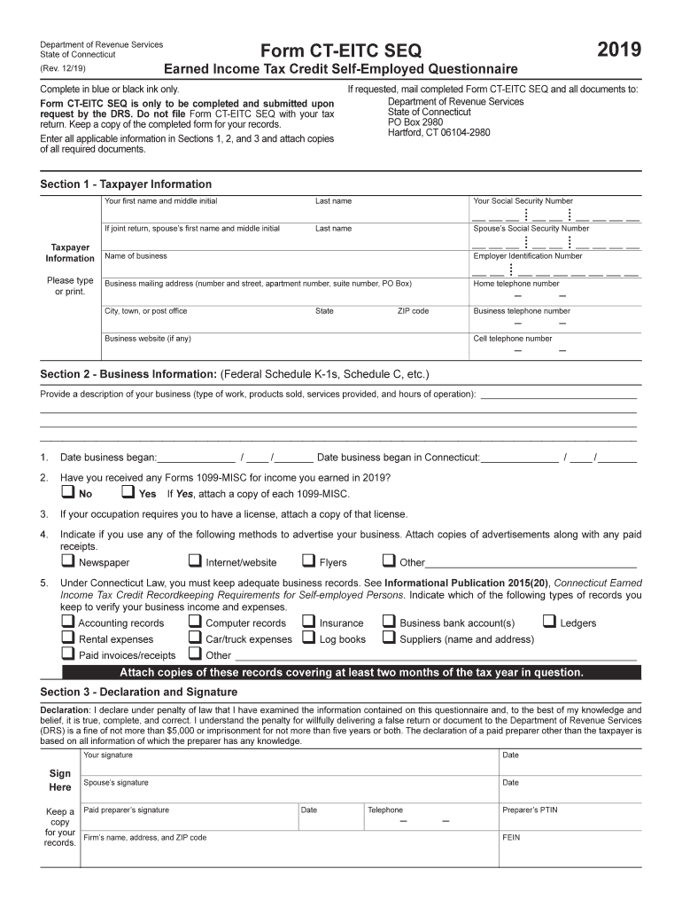 2019 Connecticut Form CT-EITC SEQ