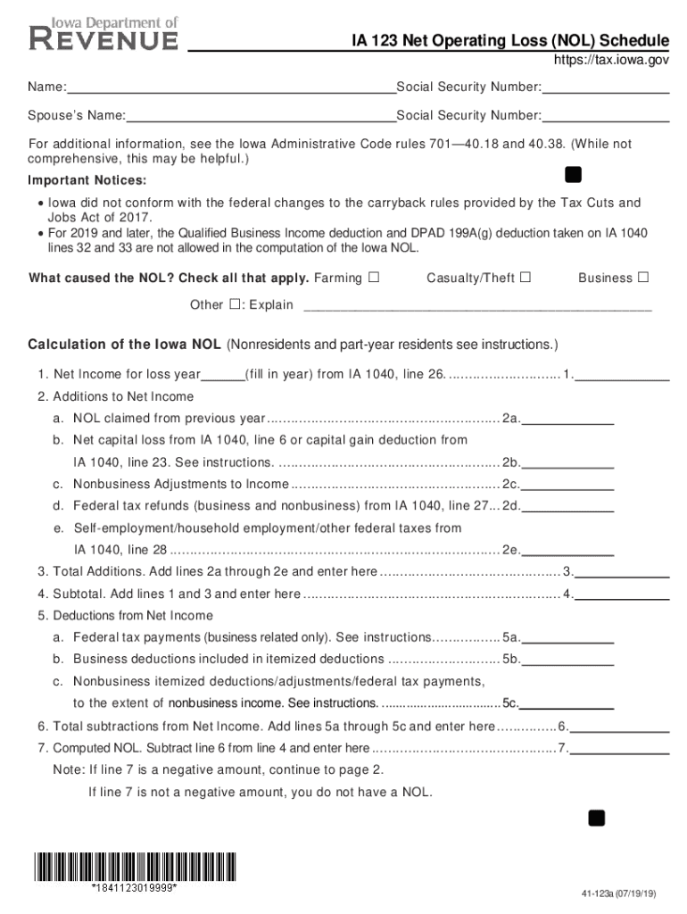  IA 123 NOL Worksheet, 41 123 2019