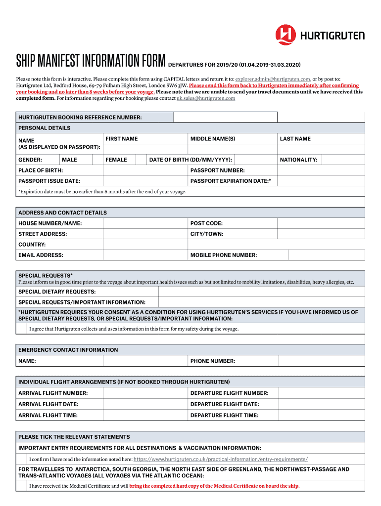  Hurtigruten Ship Manifest Form 2020