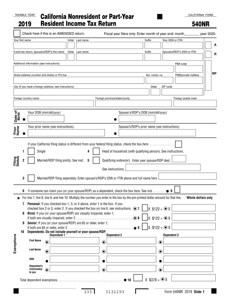  Form 540NR California Nonresident or Part Year Resident Income Tax Return Form Form 540NR California Nonresident or Part Year Re 2019