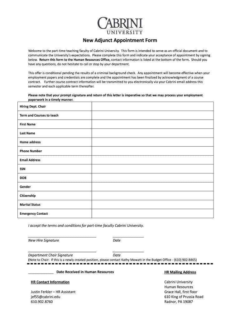 New Adjunct Appointment Form Cabrini University