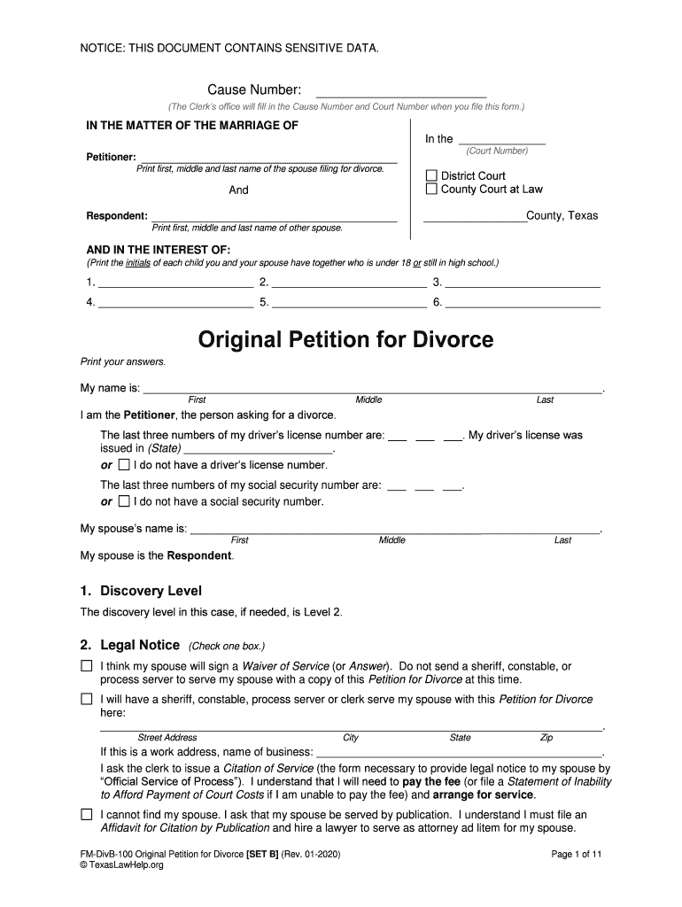  Original Petition for Divorce Divorce Set B 2020-2024