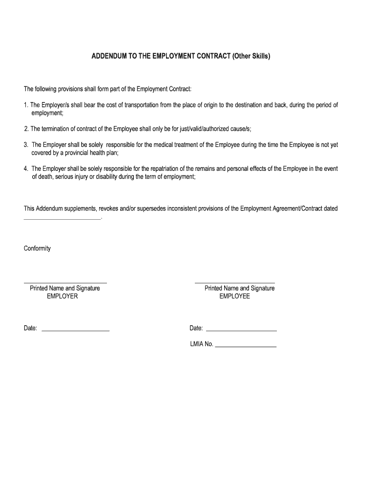Addendum to Employment Letter  Form