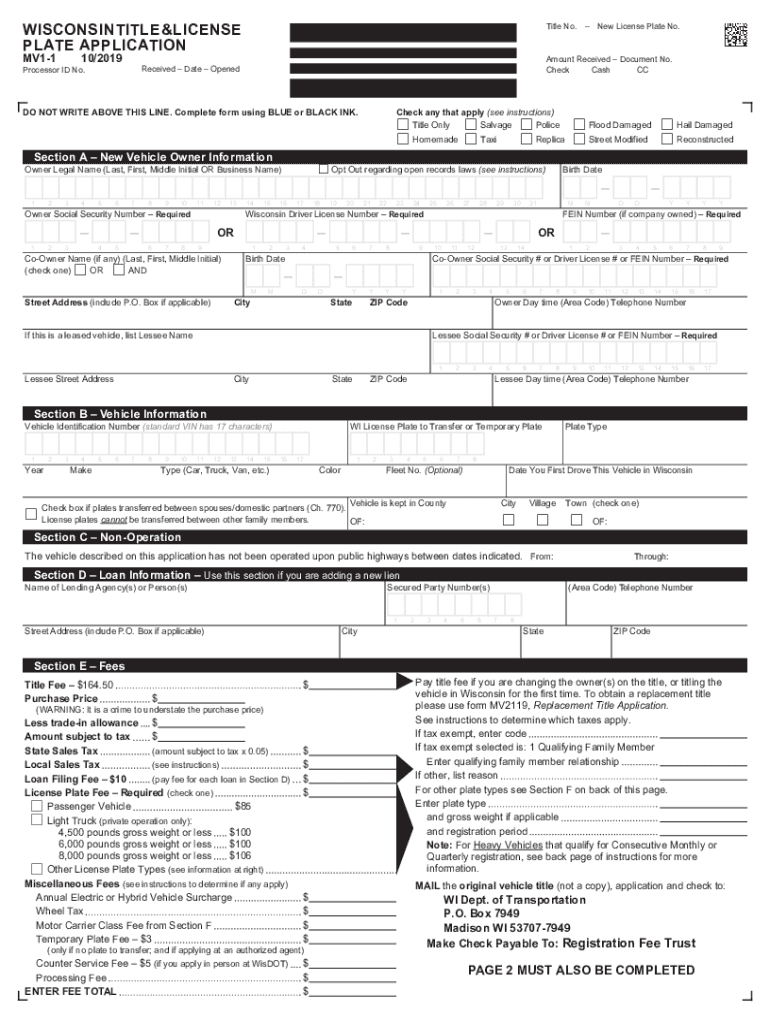  Wisconsin Fillable Mv1 Form 2019-2024