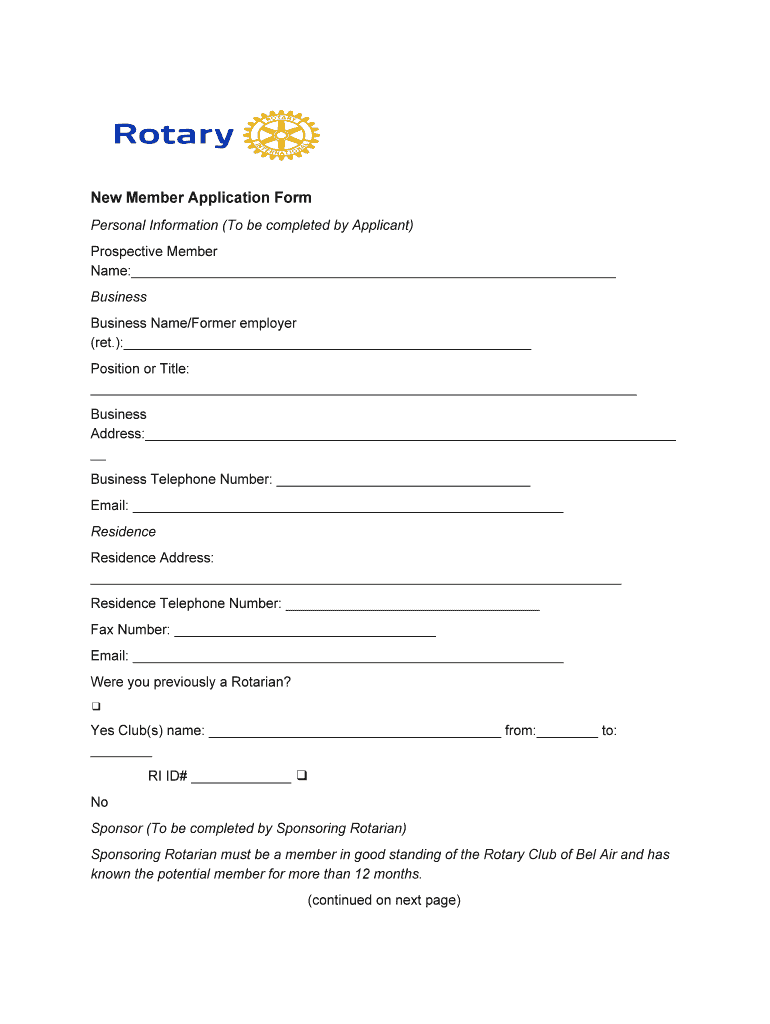 New Member Application Form Bel Air Rotary Club