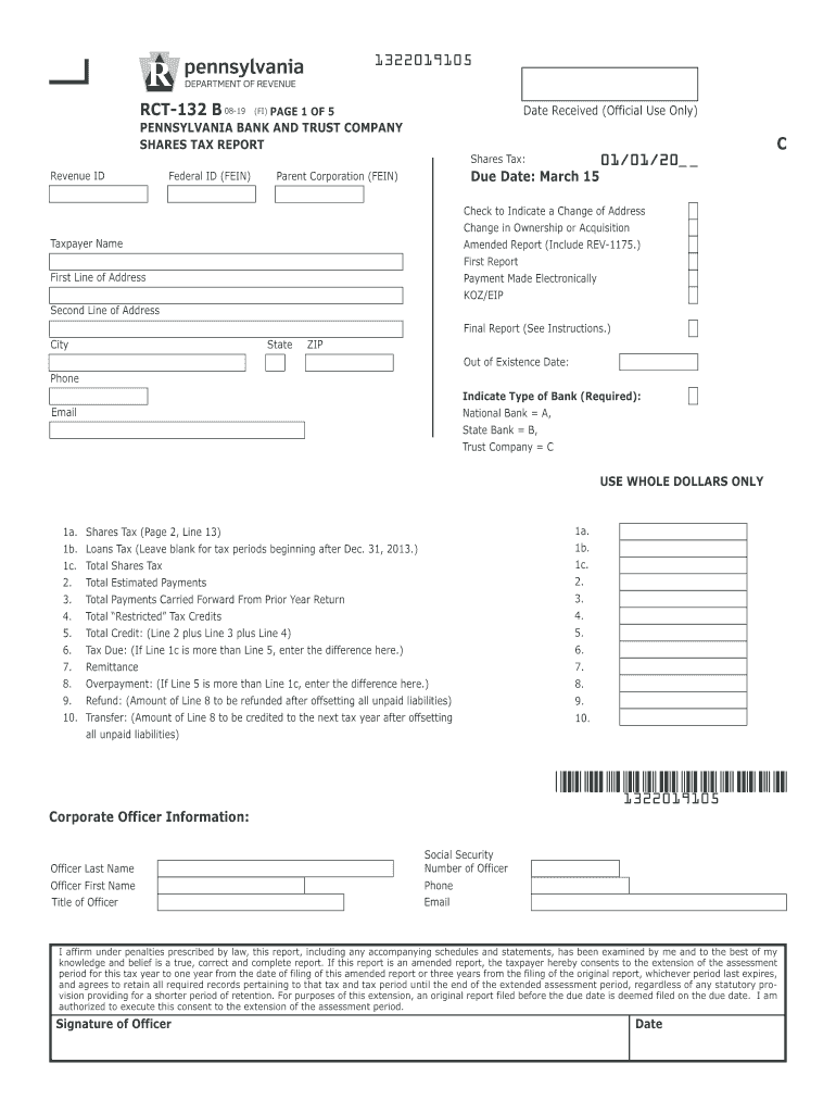  Pennsylvania Bank and Trust Company Shares Tax Report RCT 132 B FormsPublications 2019