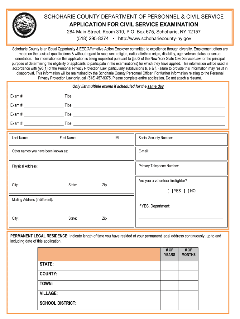 Schoharie County Department of Personnel &amp; Civil Service  Form