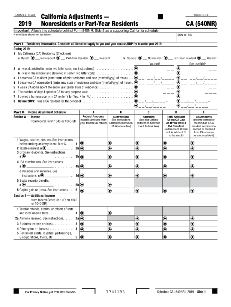  Schedule CA 540NR California Adjustments Nonresidents or Part Year Residents Schedule CA 540NR California Adjustments Nonresiden 2019