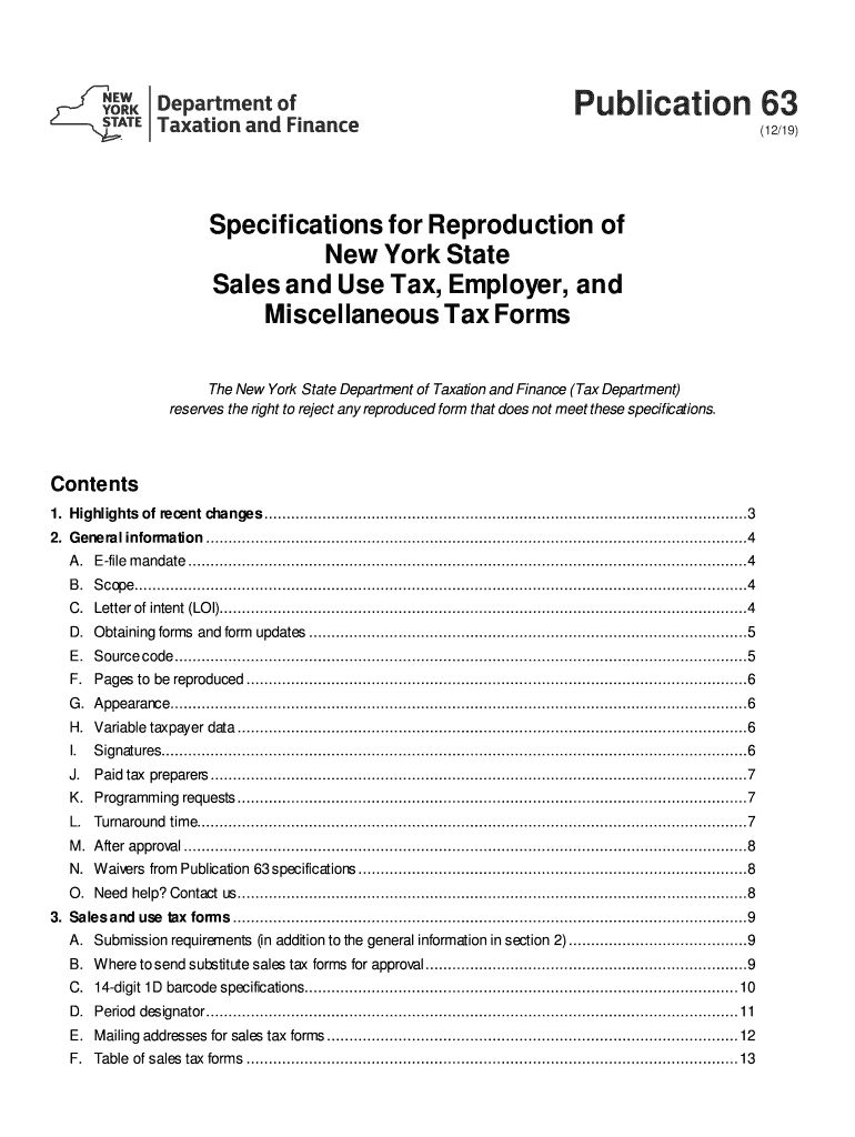  Pub 631219Specifications for Reproduction of New York State Sales and Use Tax, Employer, and Miscellaneous Tax Formspub63 2019