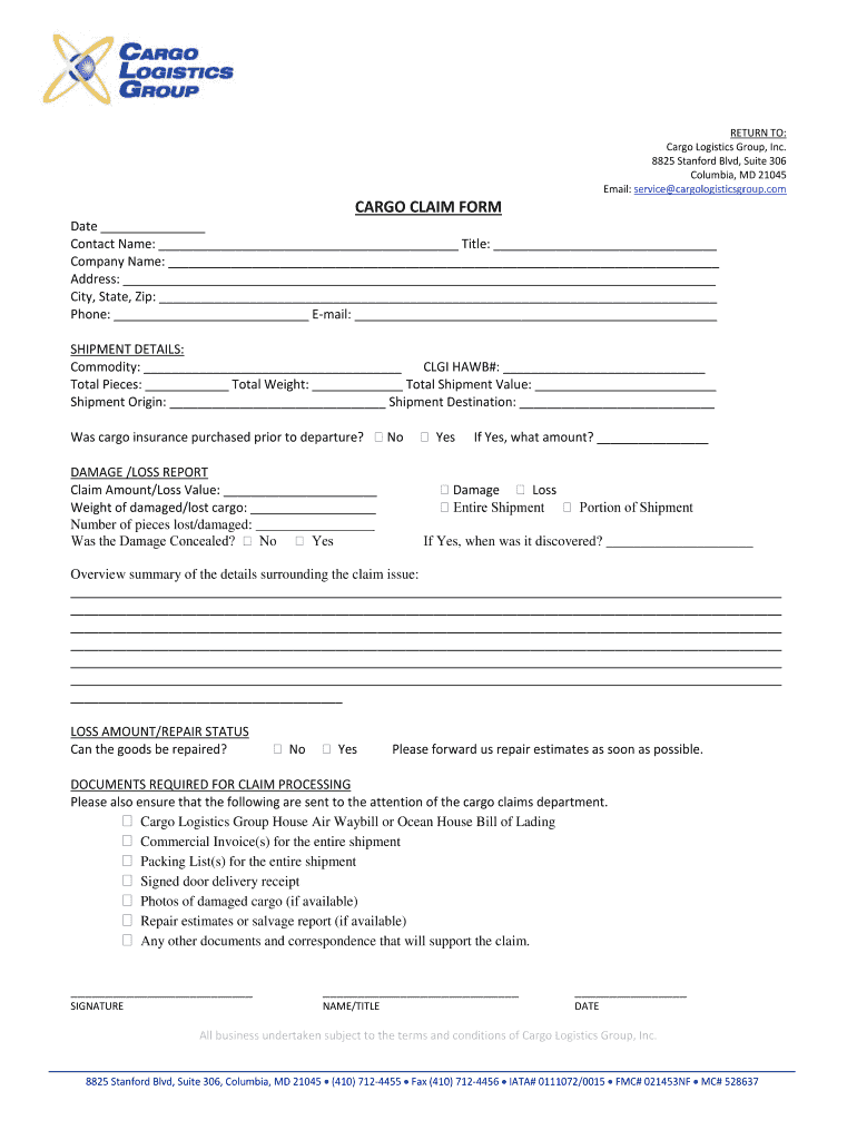 Columbia, MD 21045 Email CARGO Cargo Logistics Group  Form