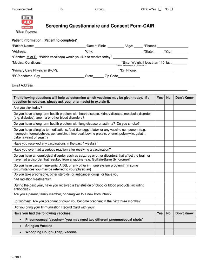  Rite Aid Screening Questionnaire and Consent Form 2020