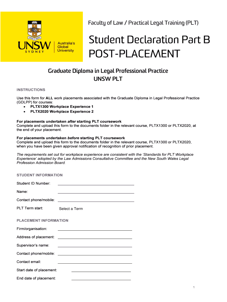 Student Declaration Part a PLACEMENT DETAILS UNSW Law  Form