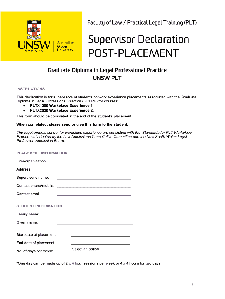 Student Declaration Part B POST PLACEMENT UNSW Law  Form