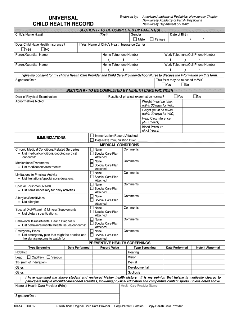  Universal Health Form Nj 2017-2024