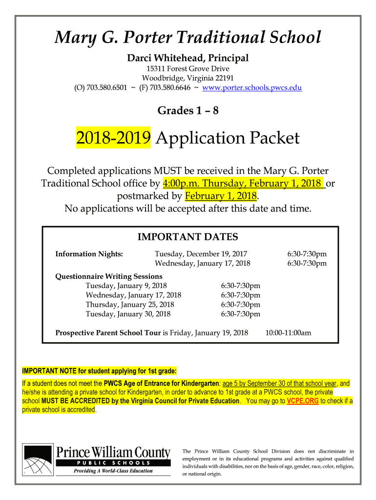 Mary G Porter Traditional School Application  Form