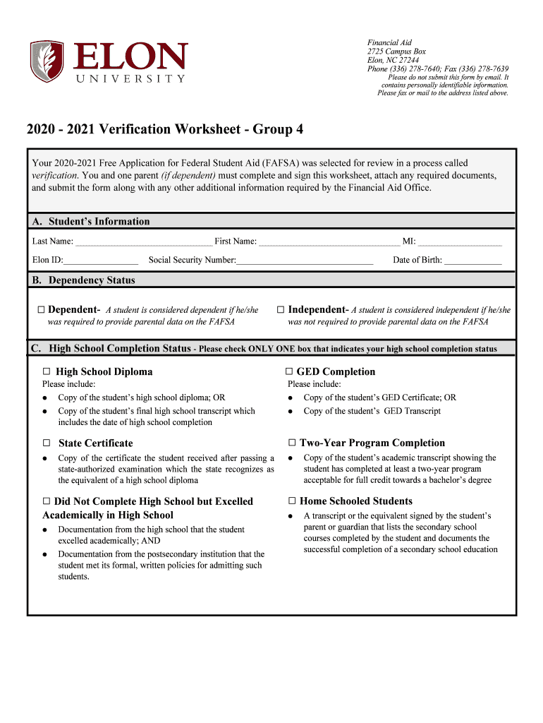  Verification Worksheet Group 4 Elon University 2020-2024